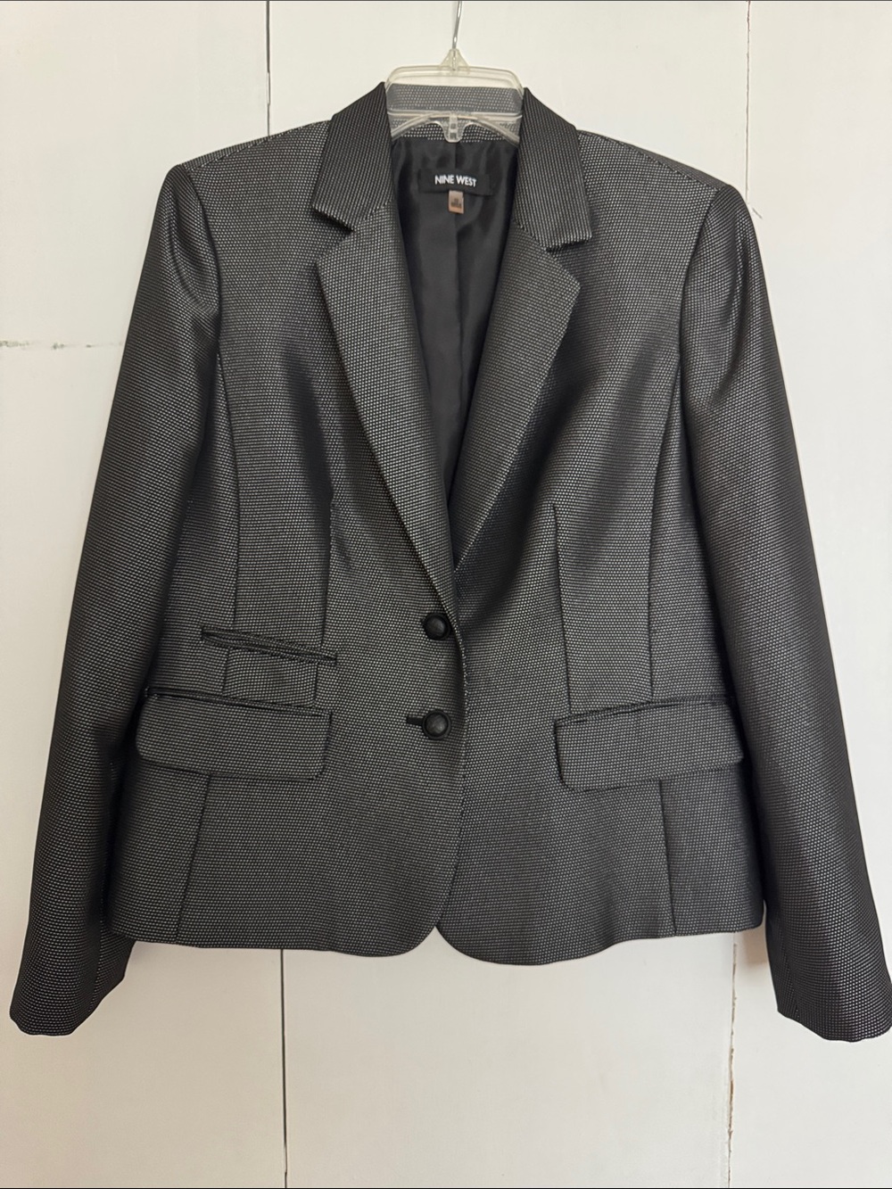 Nine West Women's Charcoal Textured Skirt Suit with Metallic Tie Blouse
